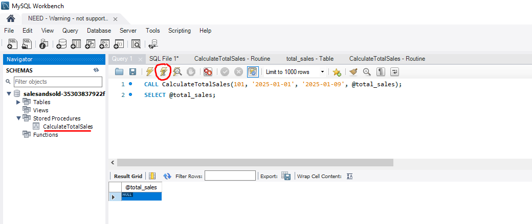 Resultado de ejecutar el procedimiento en MySQL Workbench