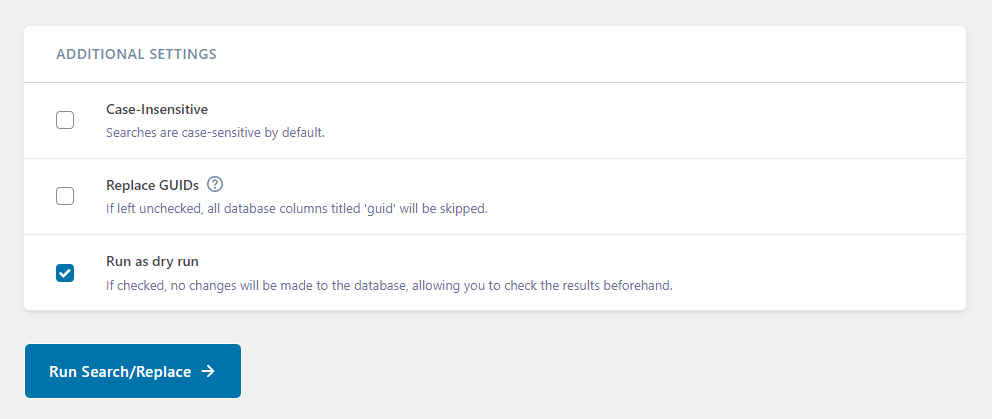 Ajustes adicionales de Better Search Replace