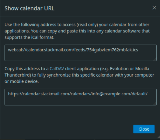 URL del calendario en el Premium Mailbox