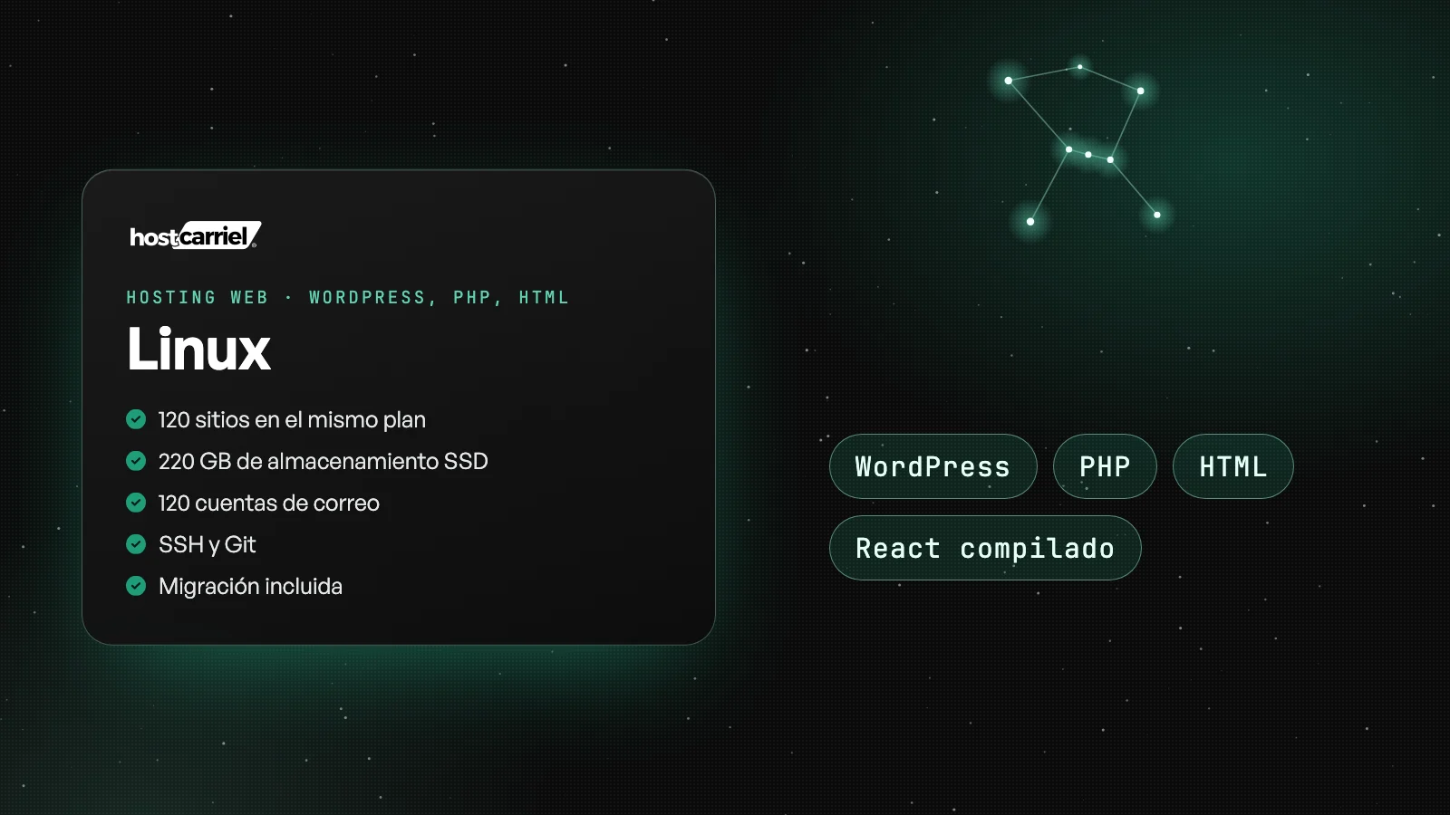 Plan Linux de HostCarriel: hosting para WordPress, PHP, HTML y React compilado